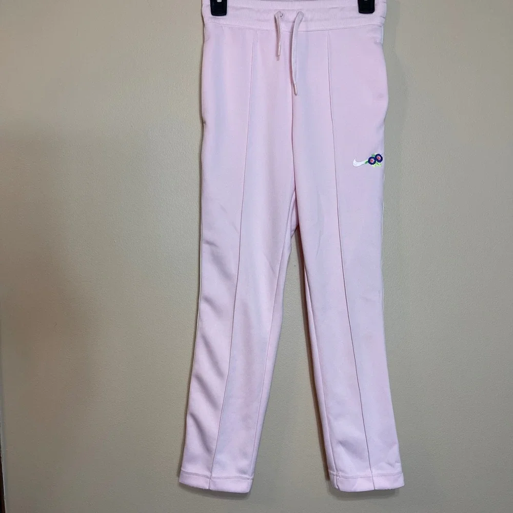 Nike‎ Women Pink Floral Embroidered Swoosh Track Pants XS Cropped Activewear